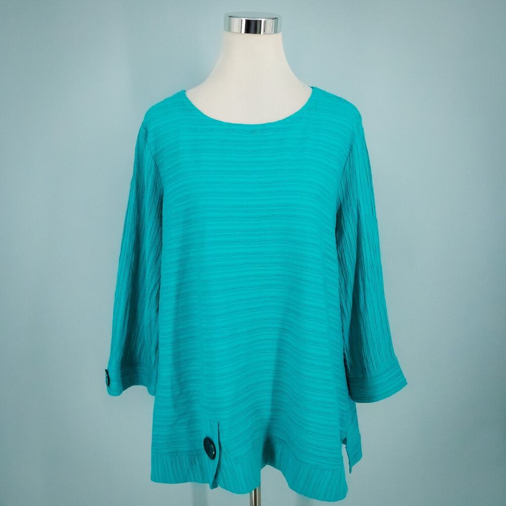 Ali Miles Size Large L Aqua Blue Textured Button Detail Long Sleeve Tunic Top